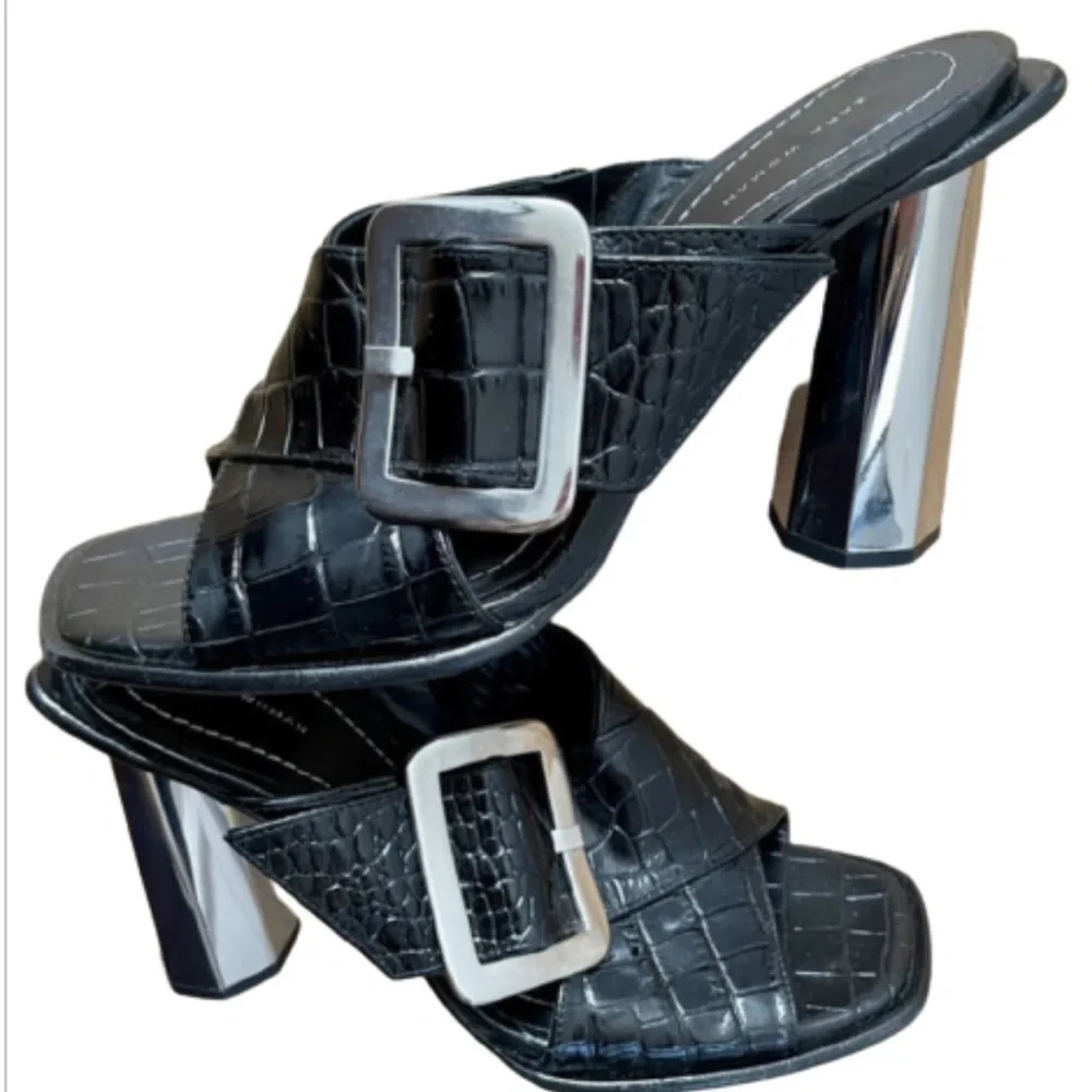 Zara Embossed Crossover Leather Metallic Chrome Mules Sandals High Heels 7.5 - Picture 2 of 14